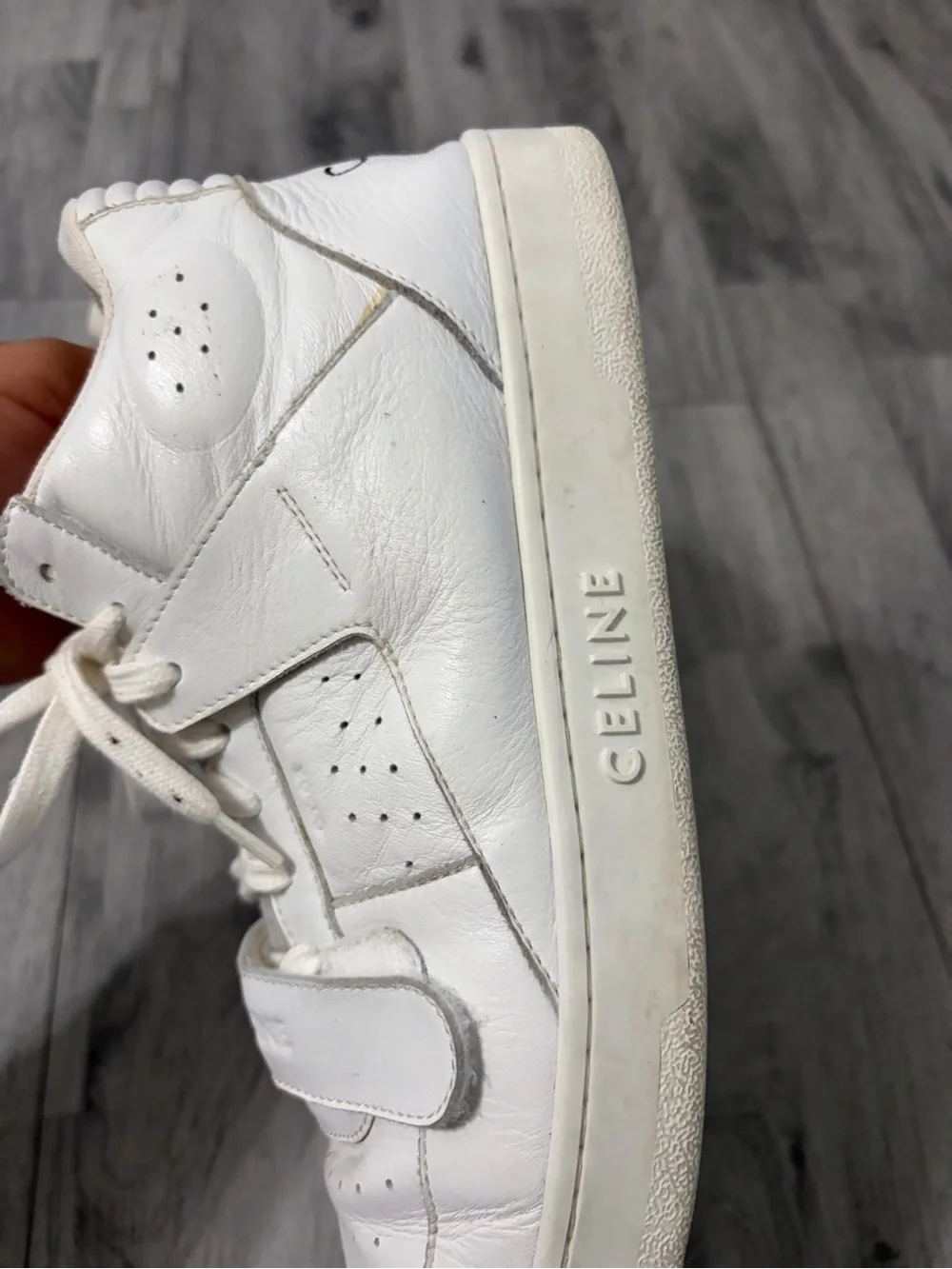 Celine CT-02 Mid Top White Leather Sneakers with Strap